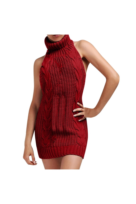 JINMGG Womens Plus Size Clearance $5 Virgin-Killer Backless Long Tie Open Turtleneck Sleeveless Sweaters Red M