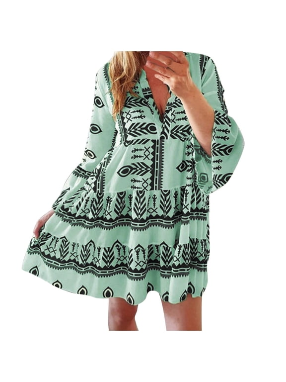 JINMGG Womens Plus Size Clearance $5 Women AZTEC STYLE TIERED TUNIC Holiday Style Bohemian Style Long Skirt Dress Green XXXL