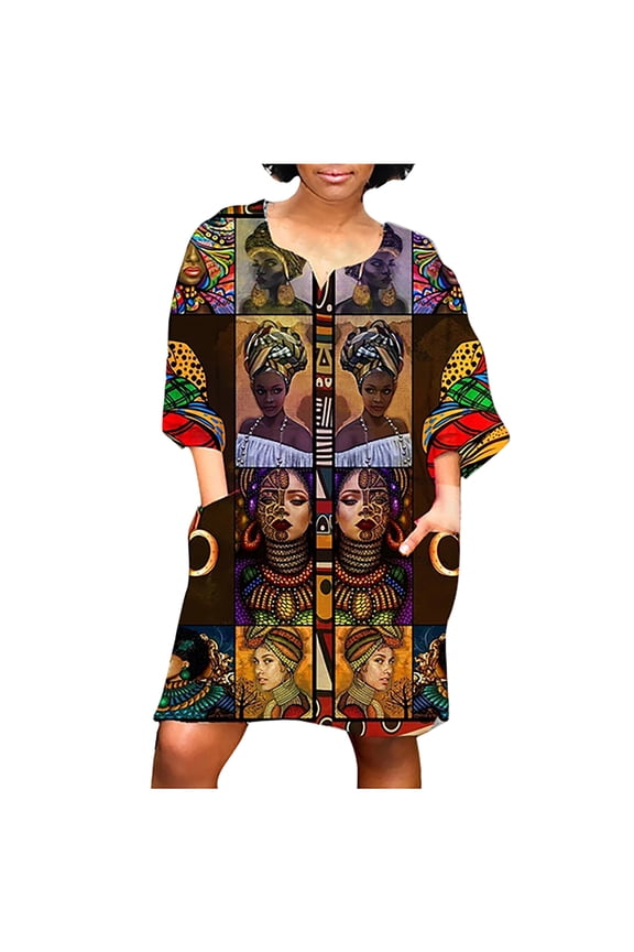 JINMGG Womens Plus Size $5 Women Fashion African Vintage Print Middle Sleeve V Neck Casual Mini Dress Coffee XXXL