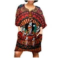 thumbnail image 1 of JINMGG Womens Plus Size Clearance $5 Women Fashion African Vintage Print Middle Sleeve V Neck Casual Mini Dress Wine S, 1 of 1