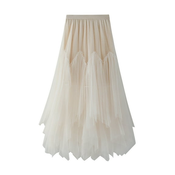 JINMGG Womens Plus Size Clearance $5 Women Irregular Long Tulle Skirts Elastic High Waist Mesh Tulle Tutu Maxi Skirt Beige