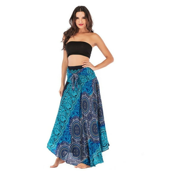 JINMGG Womens Plus Size Clearance $5 Women Long Hippie Bohemian Gypsy Boho Flowers Elastic Floral Hlater Skirt Blue M