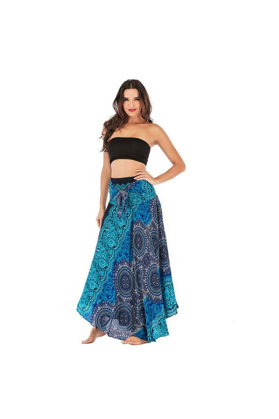 JINMGG Womens Plus Size Clearance $5 Women Long Hippie Bohemian Gypsy Boho Flowers Elastic Floral Hlater Skirt Blue M