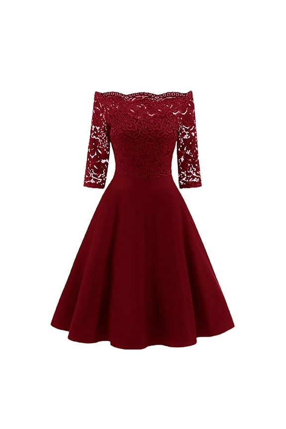 JINMGG Womens Plus Size $5 Women New Vintage Lace Patchwork Off Shoulder Cocktail Party Retro Swing Dress Red L