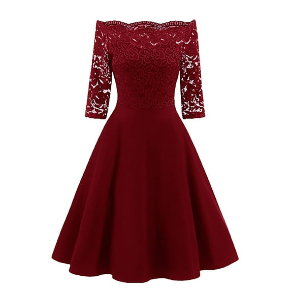 JINMGG Womens Plus Size $5 Women New Vintage Lace Patchwork Off Shoulder Cocktail Party Retro Swing Dress Red S