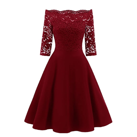 JINMGG Womens Plus Size $5 Women New Vintage Lace Patchwork Off Shoulder Cocktail Party Retro Swing Dress Red XL