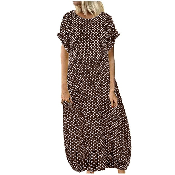 JINMGG Womens Plus Size $5 Women Plus Size Pockets O-Neck Polka Dot Printing Short Sleeve Casual Long Dress Brown XXL