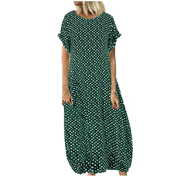 JINMGG Womens Plus Size Clearance $5 Women Plus Size Pockets O-Polka Dot Printing Short Sleeve Casual Long Dress Green XXXL