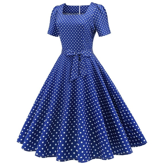 JINMGG Womens Plus Size $5 Women Short Sleeve 1950s Housewife Evening Party Prom Dress Blue XL