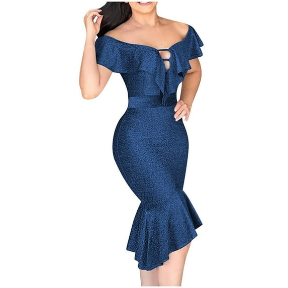 JINMGG Womens Plus Size $5 Women Short Sleeve Solid Color Off Shoulder Slim Fit Ruffle Edge Hollowed Out Knee-Length Dress Dark Blue XL