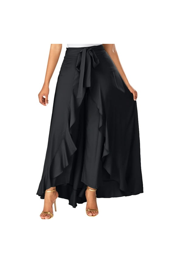 JINMGG Womens Plus Size Clearance $5 Women's Casual Hakama Irregular Leaf Bow High Waist Long Culottes Skirt Black XXXL