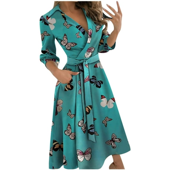 JINMGG Womens Plus Size Clearance $5 Women's Casual Loose Bandage Half Sleeve Printed V-Neck Ankle-Length Dress Blue L