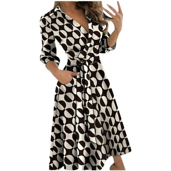 JINMGG Womens Plus Size Clearance $5 Women's Casual Loose Bandage Half Sleeve Printed V-Neck Ankle-Length Dress Brown S