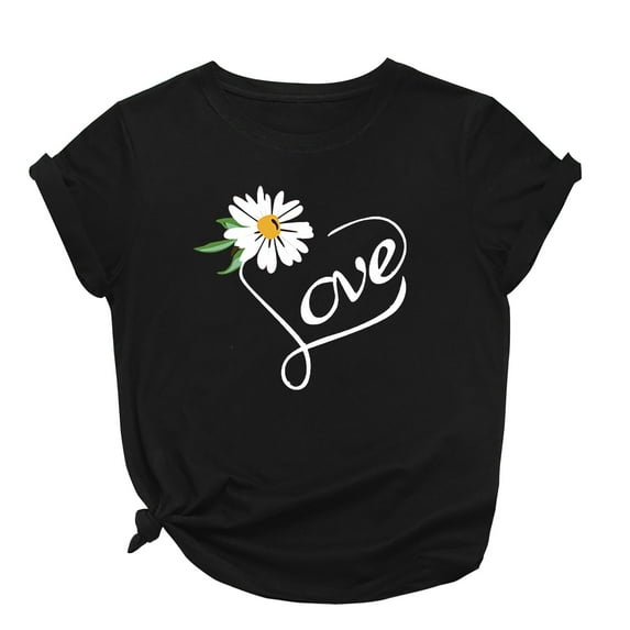 JINMGG Womens Plus Size $5 Women's Fashion Casual Loose Floral Letter Print Round Neck Top T-Shirt Black M