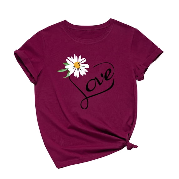 JINMGG Womens Plus Size $5 Women's Fashion Casual Loose Floral Letter Print Round Neck Top T-Shirt Wine XL