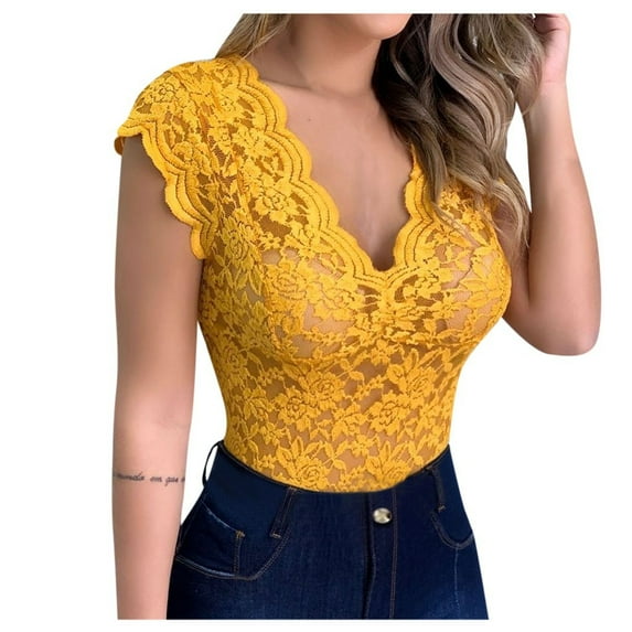 JINMGG Womens Plus Size Clearance $5 Women's Slim Lace V-Neck Sleeveless Bodysuit Bodysuit