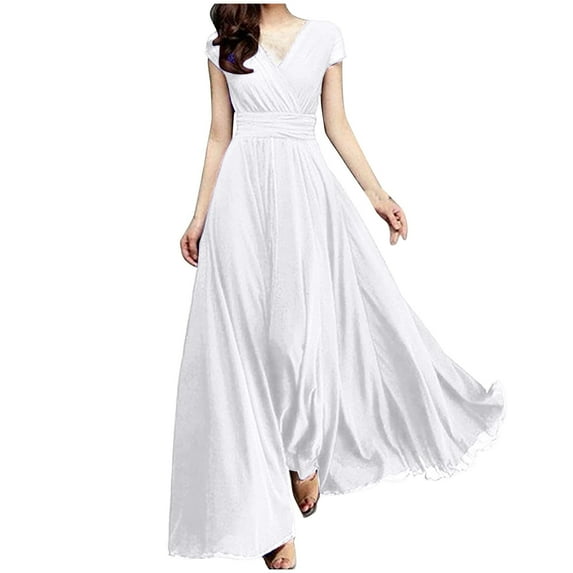 JINMGG Womens Plus Size $5 Women's V-Neck Solid Color Short Sleeve Chiffon Waist Closing Evening Dress White XL