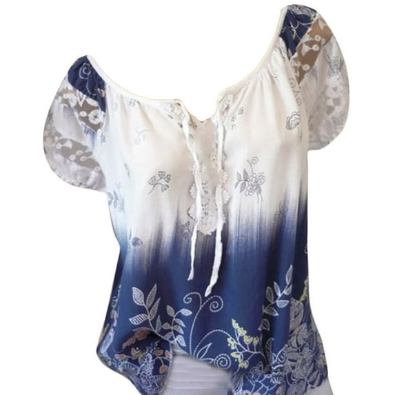 JINMGG Womens Spring Fashion 2024 Women Short Sleeve V-Neck Lace Printed Lace Tops Loose T-Shirt Blouse Tops