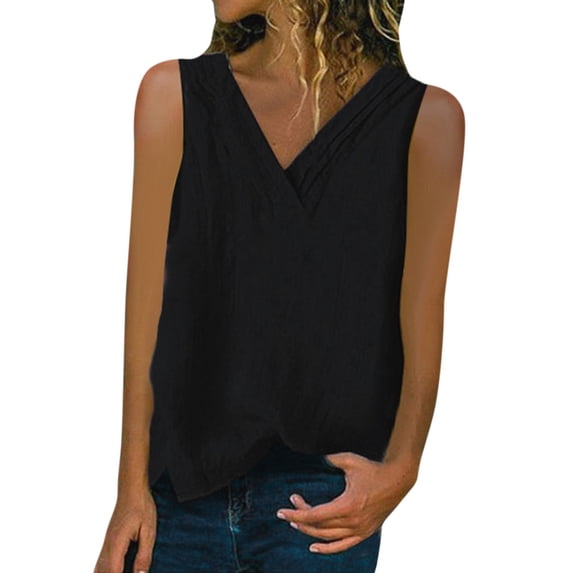 JINMGG Womens Summer Fashion Solid Imitation Tops Shirt Casual V-Neck Sleeveless Blouse Tee Vest Black XXXL