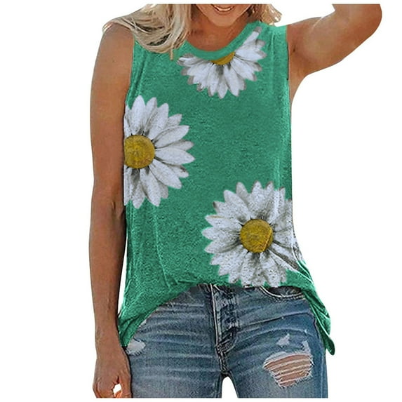 JINMGG Womens Tank Tops Plus Size Women Summer Tops O-neck Daisy Print Sleeveless Tank T-Shirts Graphic Blouse Green XL