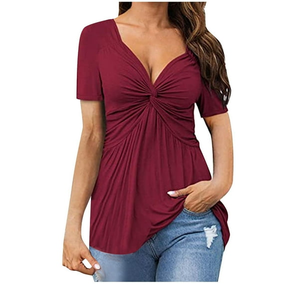 JINMGG Short Sleeve Womens Tops Clearance Summer Women's Casual V-neck Bow Sexy Short-sleeved T-Shirt Top Wine L