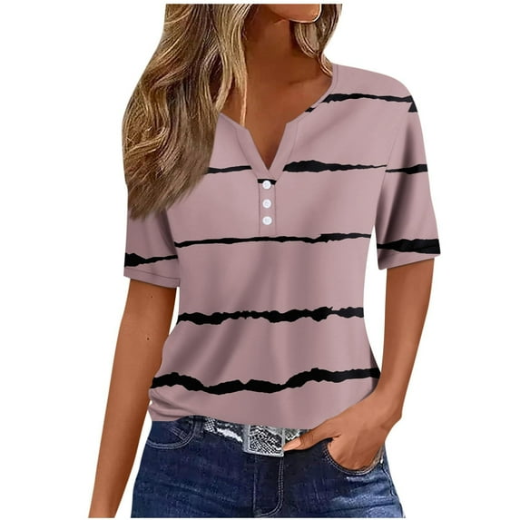JINMGG Womens Tops Blouses for Women Plus Size Fashion Casual Solid Color Printing V-Neck Short Sleeves T-Shirt Tops on Clearance