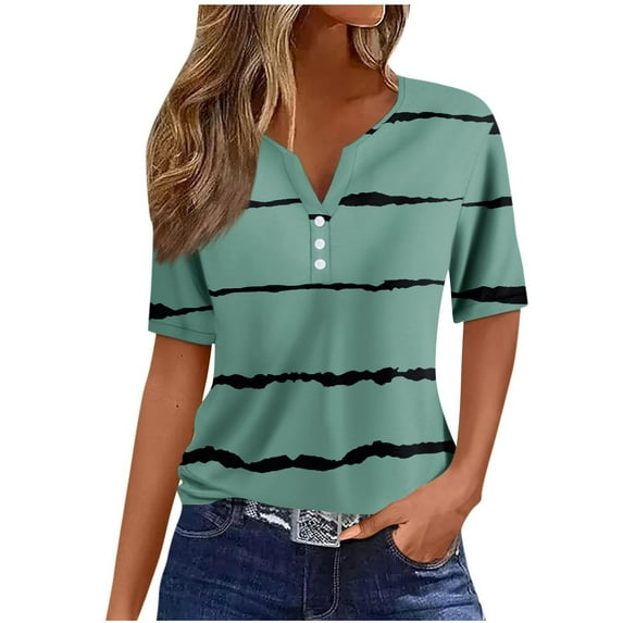 JINMGG Womens Tops Blouses for Women Plus Size Fashion Casual Solid Color Printing V-Neck Short Sleeves T-Shirt Tops on Clearance