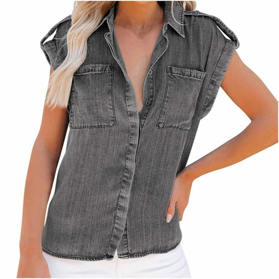 JINMGG Womens Tops Clearacne Fashion Woman Causal Solid Blouse Turndown Collar Sleeveless T-Shirt Summer Button Pockets Tops