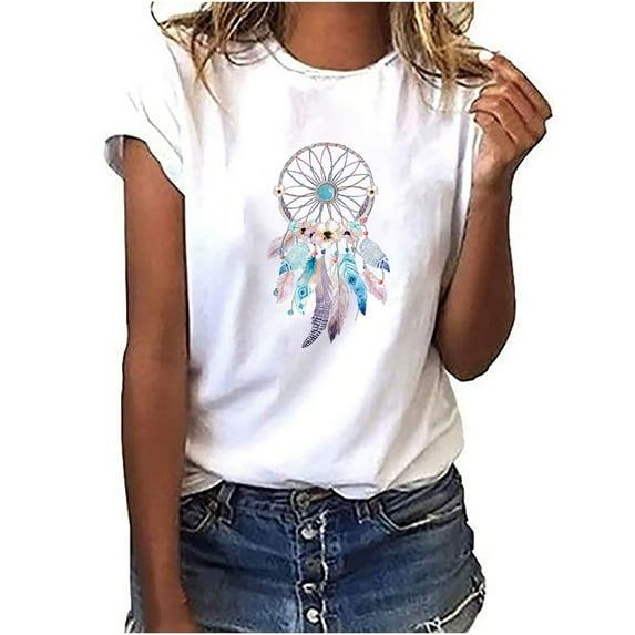 JINMGG Womens Tops Clearacne Women Flower Dreamcatcher Round Neck T-Shirt Harajuku Blouse Summer Streetwear Tops