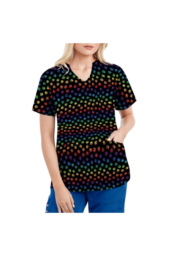JINMGG Womens Tops Clearacne Women Tops Short Sleeve V-neck Tops Working Uniform Tie-Dye Gradient Rainbow Floral Print with Fours Pockets Blouse