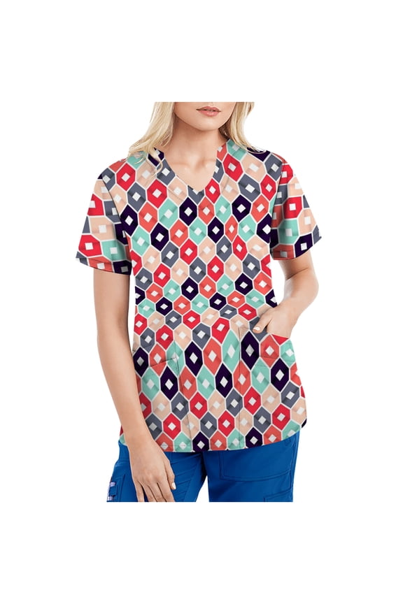 JINMGG Womens Tops Clearacne Women Tops Short Sleeve V-neck Tops Working Uniform Tie-Dye Gradient Rainbow Floral Print with Fours Pockets Blouse