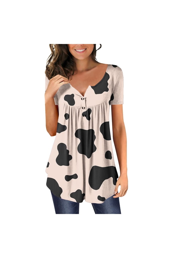 JINMGG Womens Tops Clearacne Women's Round Neck Cover Cow Print Top Women's Short Sleeve Tops