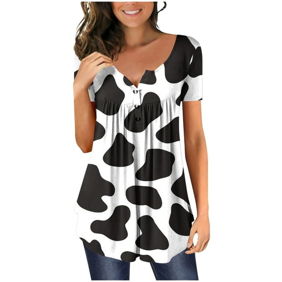 JINMGG Womens Tops Clearacne Women's Round Neck Cover Cow Print Top Women's Short Sleeve Tops