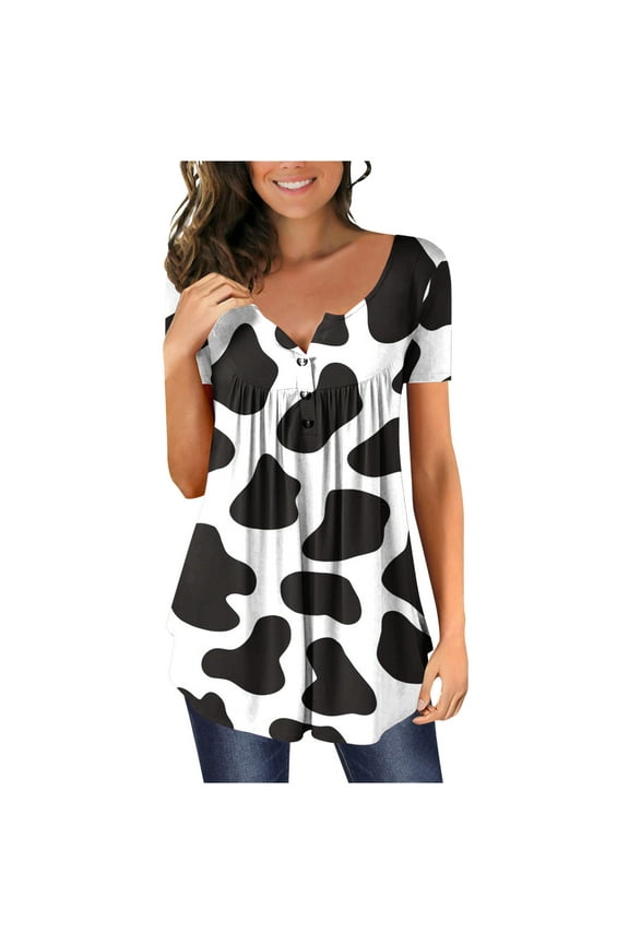 JINMGG Womens Tops Clearacne Women's Round Neck Cover Cow Print Top Women's Short Sleeve Tops