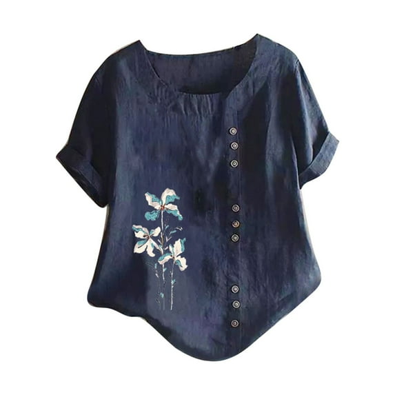 JINMGG Womens Tops Clearacne Women's Summer Casual O-Neck Short Sleeve Flower Print Loose Shirt Blouse Tops