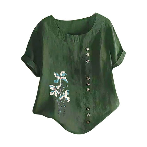 JINMGG Womens Tops Clearacne Women's Summer Casual O-Neck Short Sleeve Flower Print Loose Shirt Blouse Tops