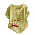 thumbnail image 1 of JINMGG Womens Tops Clearacne Womens Plus Size O-Neck Short Sleeve Print Buttons Cotton Linen Vintage Tops, 1 of 4