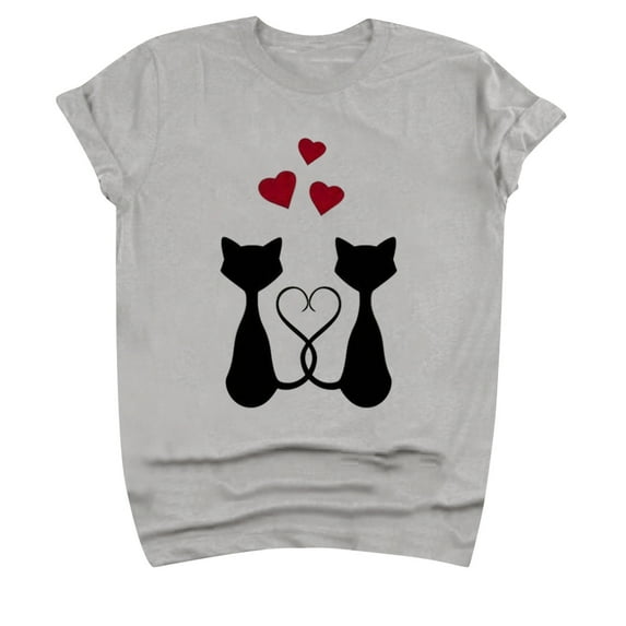 JINMGG Womens Tops under $5 Adult's Valentine's Day Round Neck Cat Print T-Shirt Gray S