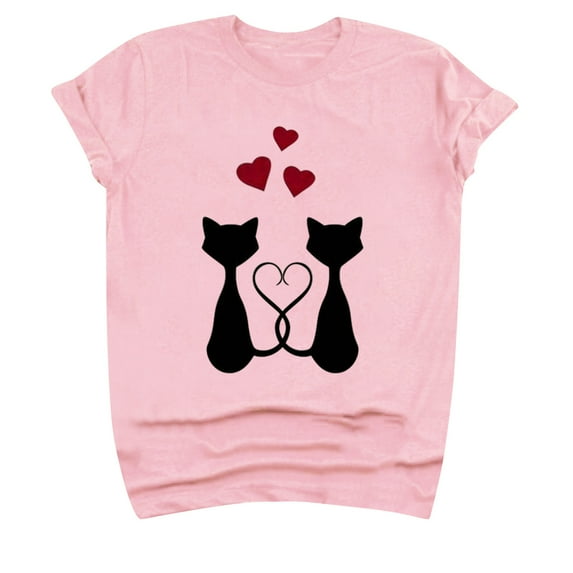 JINMGG Womens Tops under $5 Adult's Valentine's Day Round Neck Cat Print T-Shirt Pink M