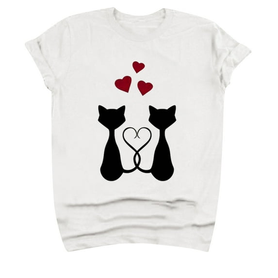 JINMGG Womens Tops Clearance under $5 Adult's Valentine's Day Round Neck Cat Print T-Shirt White M
