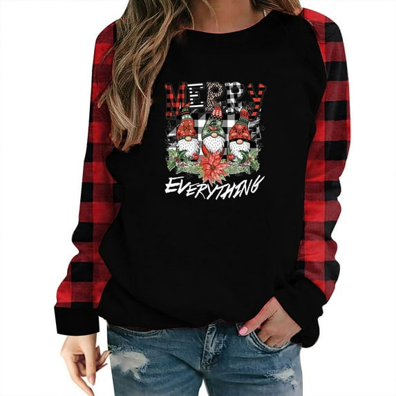 JINMGG Womens Tops Clearance under $5, Merry Christmas Shirt Womens Long Sleeve Plaid Christmas Print Splicing Round Neck Pullover Shirt T-Shirt Tops