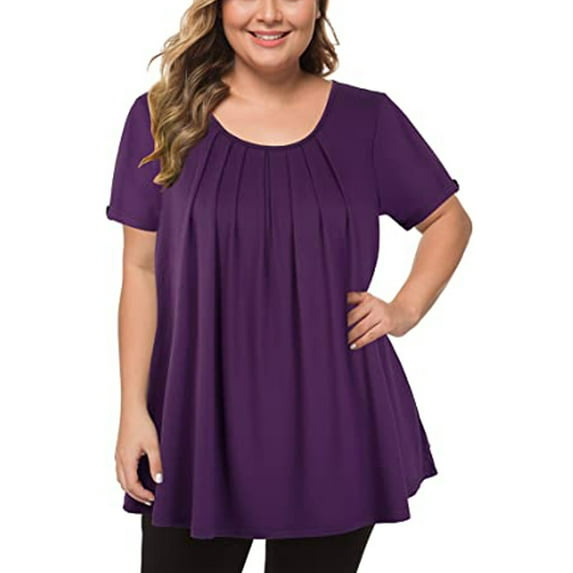 JINMGG Womens Tops Clearance under $5 Plus-Size Fashion Woman O-Neck Short Sleeve Tops T-Shirt Solid Loose Short Purple XXXL