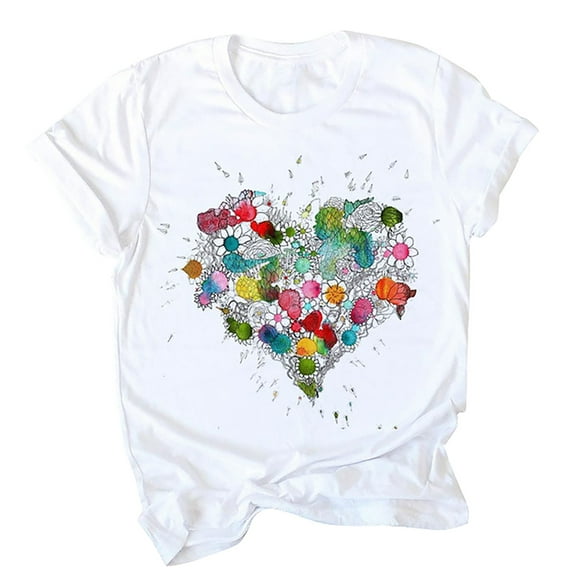 JINMGG Womens Tops under $5 Valentine's Day Love Heart Floral Soft Printed Short Sleeves Shirts Top Blouses Multicolor L