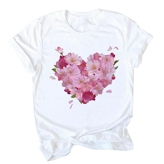 JINMGG Womens Tops under $5 Valentine's Day Love Heart Floral Soft Printed Short Sleeves Shirts Top Blouses Pink M