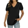 thumbnail image 1 of JINMGG Womens Tops under $5 Women Ladies Solid Short Sleeve V-neck Pullover Gauze Tops Shirts Blouse Black L, 1 of 9