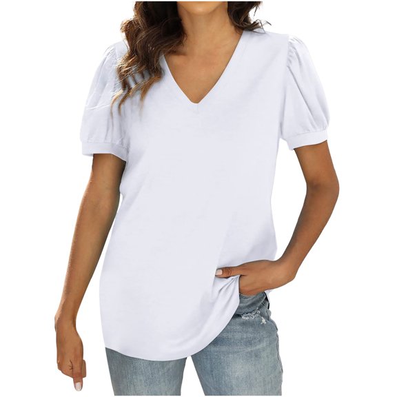 JINMGG Womens Tops under $5 Women Ladies Solid Short Sleeve V-neck Pullover Gauze Tops Shirts Blouse White L