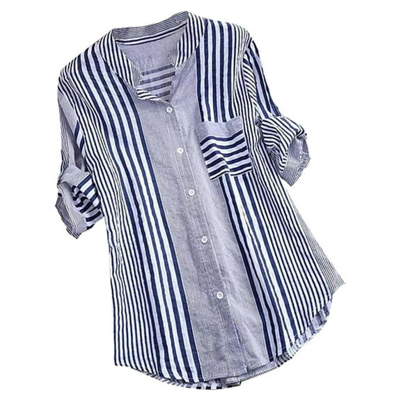 JINMGG Womens Tops under $5 Women Plus Size Three Quarter Striped Print V-Neck Loose Fit T-Shirt Blouse Blue A-FashionTop L