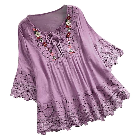 JINMGG Womens Tops Clearance under $5 Women Vintage Lace Patchwork Bow V-Neck Three Quarter Blouses T-Shirt Purple A-FashionTop XXXXXL