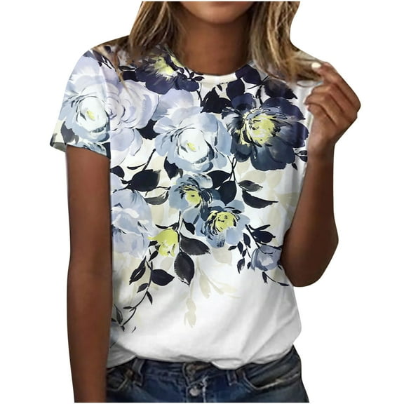 JINMGG Womens Tops under $5 Women's Casual Loose Floral Print Crewneck Printed Short Sleeve T-Shirt Tops Light blue L