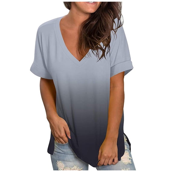 JINMGG Womens Tops under $5,Women's Fashion Casual Gradient V-neck Short Sleeve Loose T-Shirt Tops Gray S
